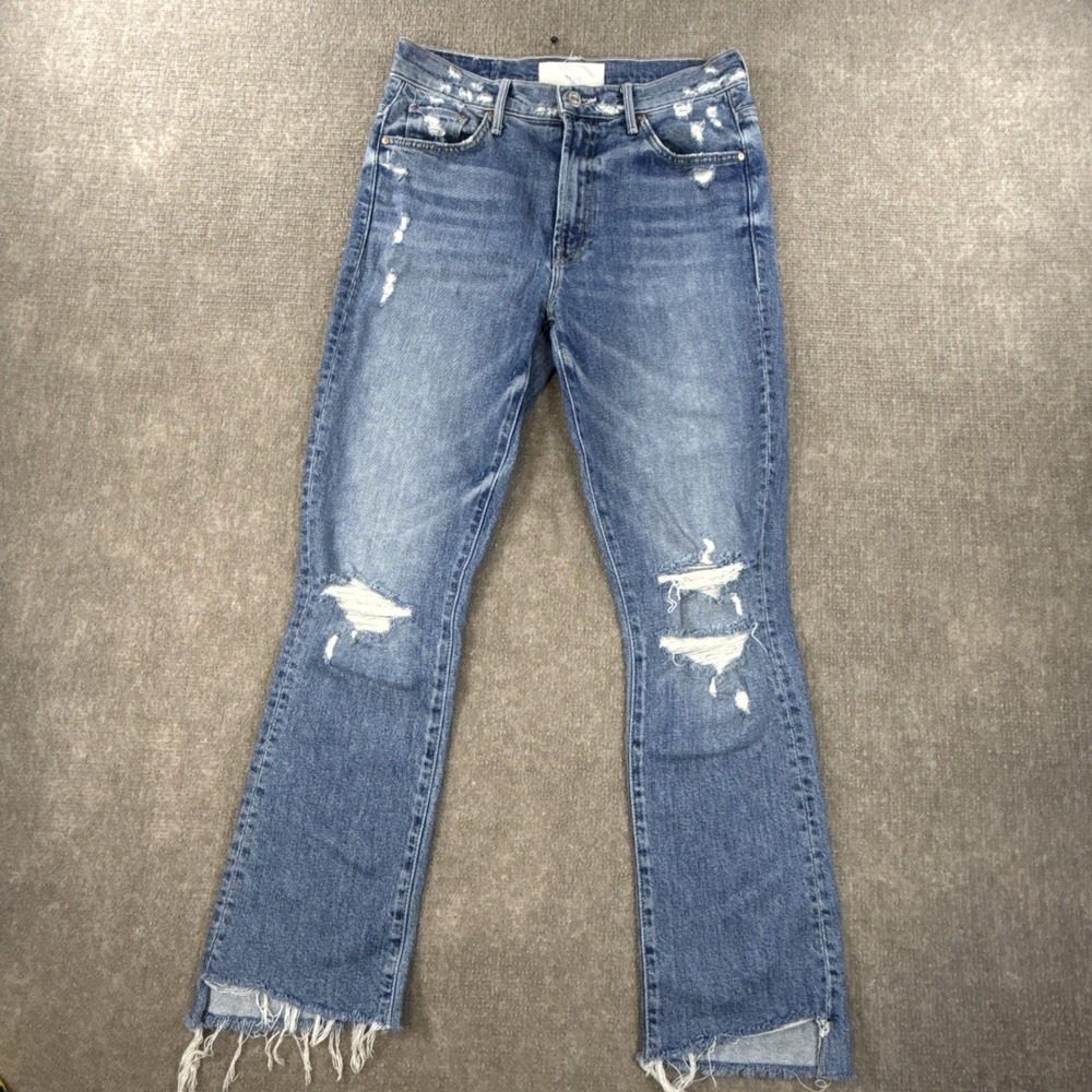 MOTHER Distressed Cropped Ankle Jeans in Mid Blue Wash